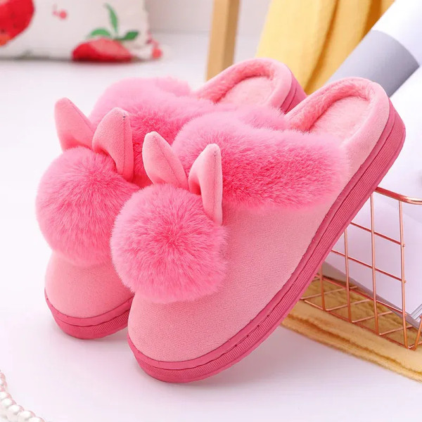 Color: Straw, Shoe Size: 33 - 2023 Autumn Winter Women Men Cotton Slippers Rabbit Ear Home Indoor H F640-12000036026561217