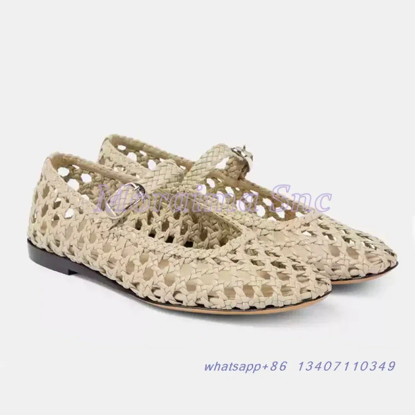Color: Ivory, Shoe Size: 38 - Hollow Woven Leather Ballet Shoes Flat With Round Toe Ankle Buckle St F640-12000044408765549