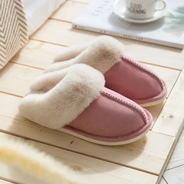 Color: Pink, Shoe Size: 36 - Women's Faux Fur Slippers 2024 New Warm Thicked Plush Bedroom Sandals  F640-12000035047083410