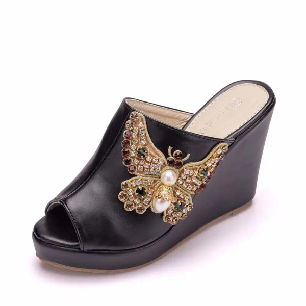 Color: black, Shoe Size: 38 - Crystal Queen 10cm Peep Toe Platform Wedges Slippers High Heels Beach F640-12000028612982160