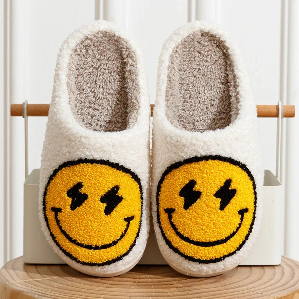Color: WHITE, Shoe Size: 4.5 - Super Cute Lightning Smile Face Slippers For Women House Funny Ladie F640-12000037922833548