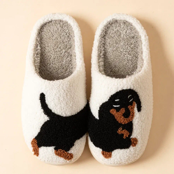 Color: WHITE, Shoe Size: 4.5 - Cartoon Cute and Interesting Dachshund Dog Women Slippers Indoor War F640-12000040768892718