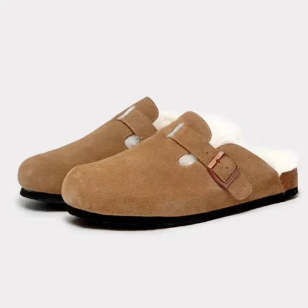 Color: Beige, Shoe Size: 43 - Fashion Warm Mules Slippers Women New Clogs Cork Home Shoes Women wit F640-12000042553605148