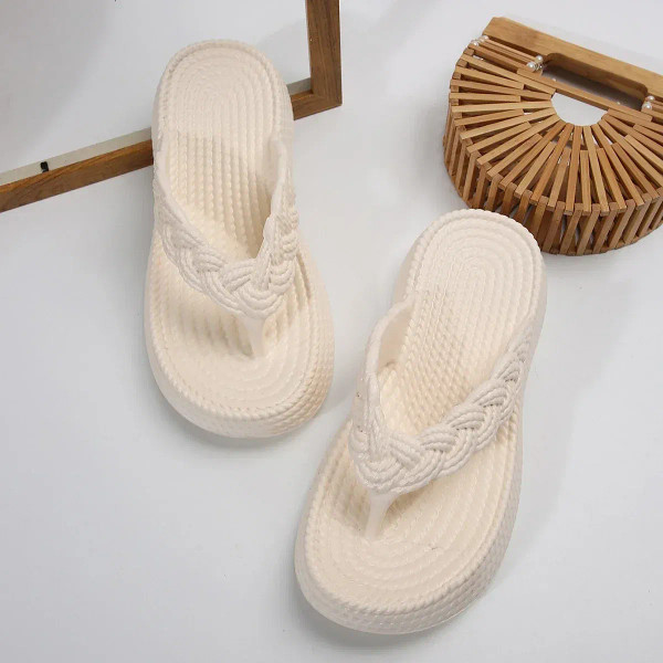 Color: WHITE, Shoe Size: 4 - Women Slippers Platform Wedges Flip Flops Summer Casual Cozy Slides Wo F640-12000038370666370
