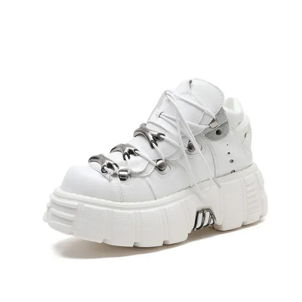 Color: WHITE, Shoe Size: 44 - Punk Style Women Sneakers Lace-up 6CM Platform Shoes Woman Creepers F F640-12000042136996481