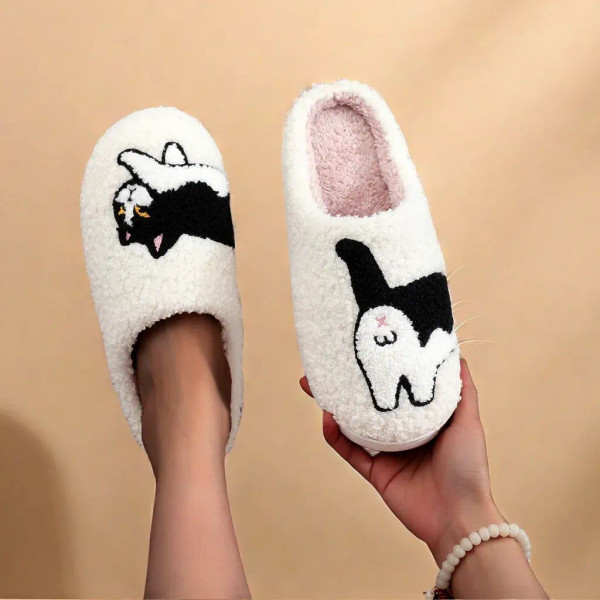 Color: WHITE, Shoe Size: 44 - Cow Cat Pet Pattern Embroidery stuffed Home Platform Cozy Wool Cotton F640-12000040047978847
