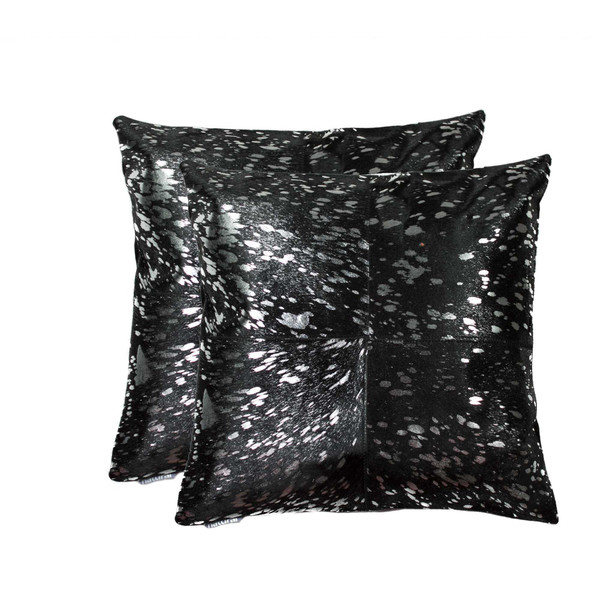 Set of Two 18" Black and Silver Cowhide Throw Pillow N270-328294