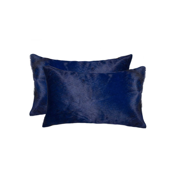 Set of Two 12" X 20" Navy Blue Cowhide Lumbar Throw Pillows N270-317116