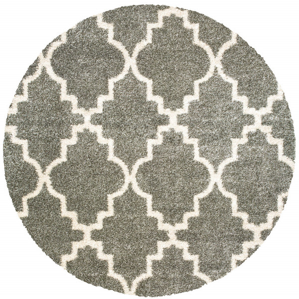 8' Grey Round Geometric Power Loom Stain Resistant Area Rug N270-507896