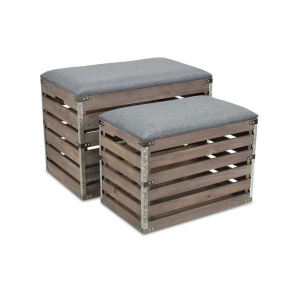 Set Of 2 Rectangular Gray Linen Fabric And Wood Slats Storage Benches N270-379836