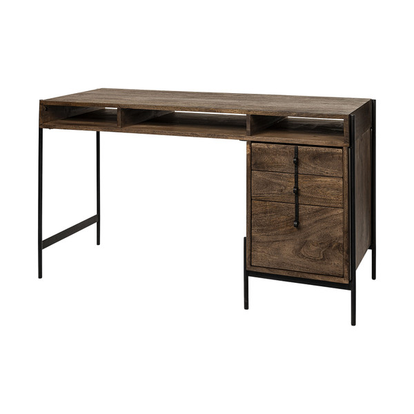 Medium Brown Wooden Writing Desk With 3 Drawers And 3 Open Shelves N270-380203