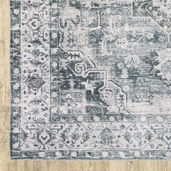 5' X 7' Navy Blue Ivory And Grey Oriental Printed Stain Resistant Non Skid Area Rug N270-510374