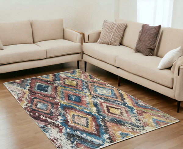 5' X 8' Blue Geometric Distressed Area Rug With Fringe N270-555378