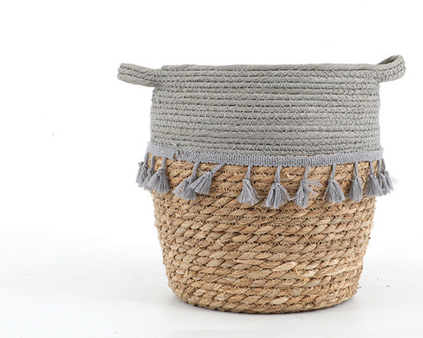 Color: Tassel gray, Size: 20X 20X17cm - Nordic Simple Straw Flowerpot Woven Basket Portable Hand-Ma Q119-CJZS111616702BY