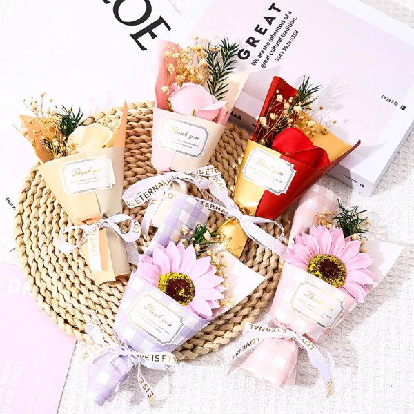 Color: Beige - Flower Bouquet Rose Sunflower Simulation Flower Creative Artificial Soap Flower Part F640-12000039005920084