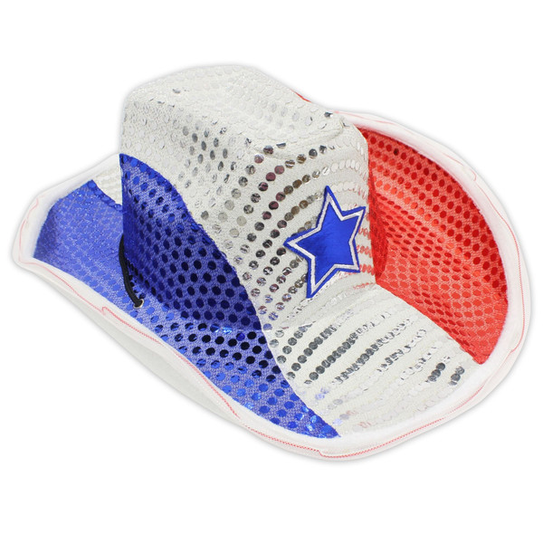 Flashing Cowboy Hat with Red White and Blue Sequins A706-LEDFCHRHS