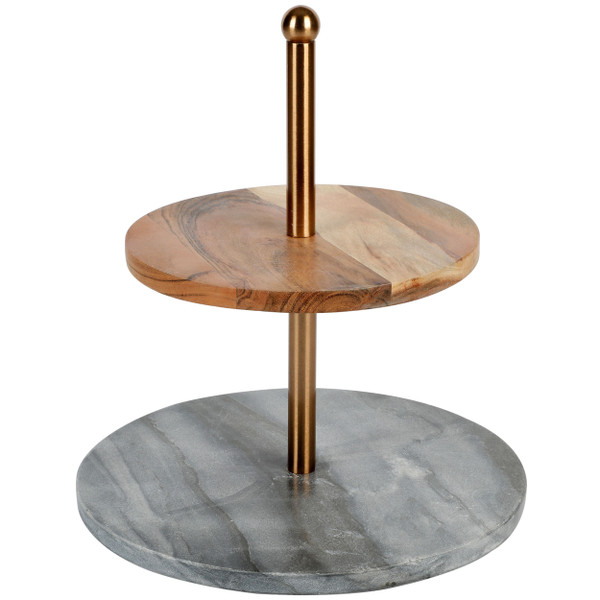 Laurie Gates California Designs Grey Marble and Acacia Wood 2 Tier Server D970-124646.01