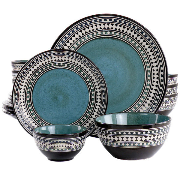 Elama Blue Sage 16 Piece Double Bowl Stoneware Dinnerware Set in Blue D970-ELM-BLUESAGE16