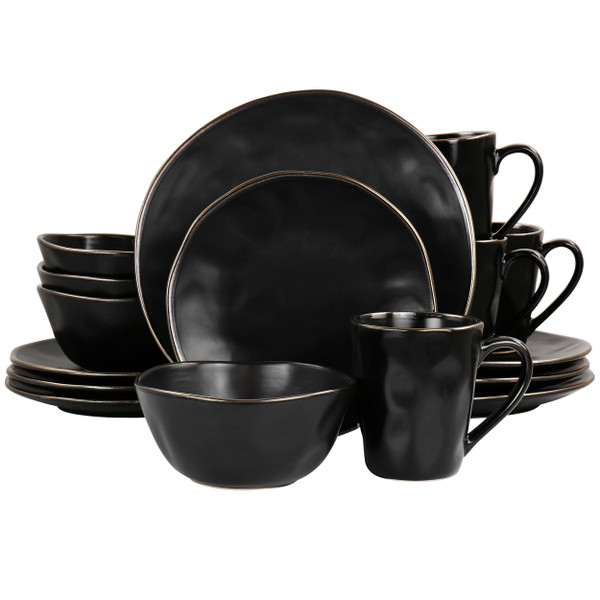 Elama Modern 16 Piece Stoneware Dinnerware Set in Matte Black with Gold Rim D970-ELM-GEORGE16