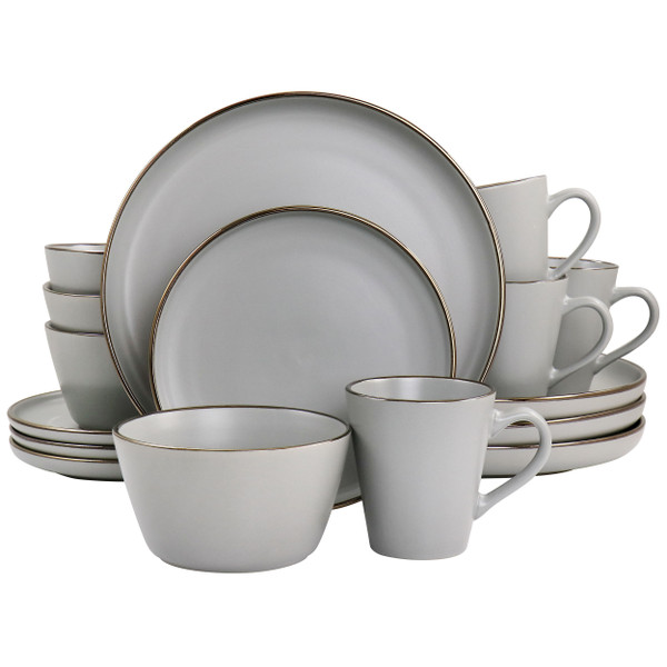 Elama Louis 16 Piece Stoneware Dinnerware Set in Matte Slate with Gold Rim D970-ELM-LOUIS16