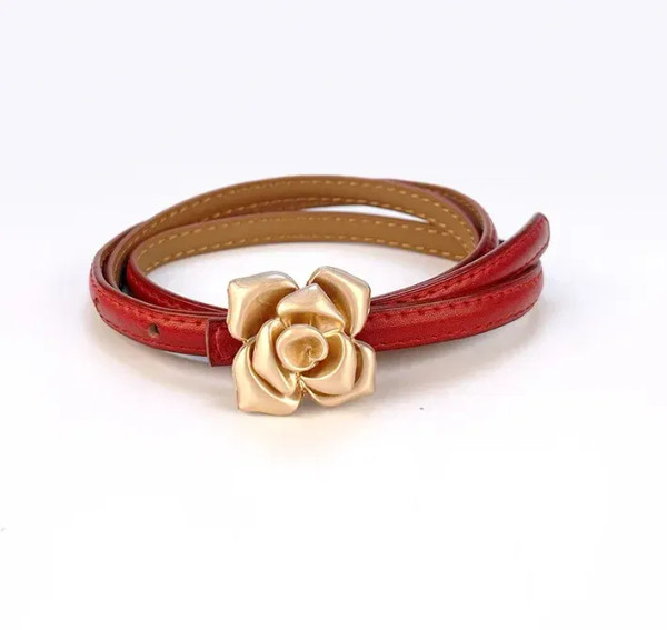 Color: Red, Belt Length: 105CM - 1.0cm New Unique Rose Genuine Leather Gold Belt Women Fashion Cows F640-12000037158136857