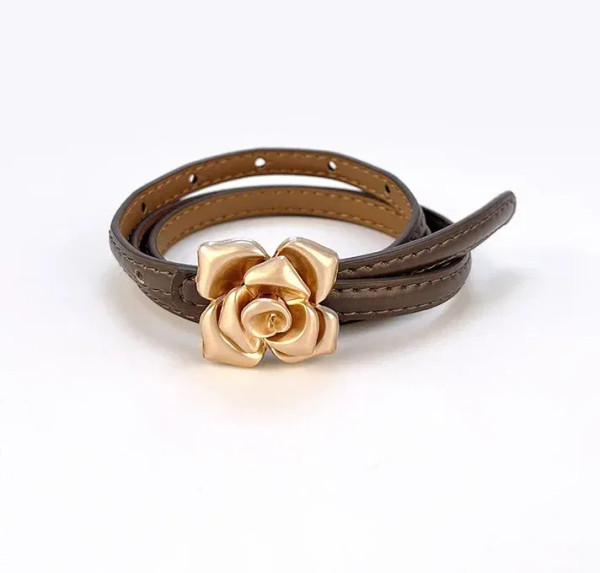 Color: Coffee, Belt Length: 105CM - 1.0cm New Unique Rose Genuine Leather Gold Belt Women Fashion C F640-12000037158136868