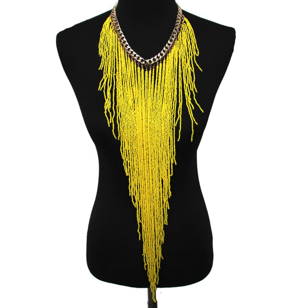 Color: Yellow - Ethnic Style Long Rice Bead Tassel Necklace Bohemia Exaggerated Performance Necklac Q119-CJNSFSYD00287-Yellow