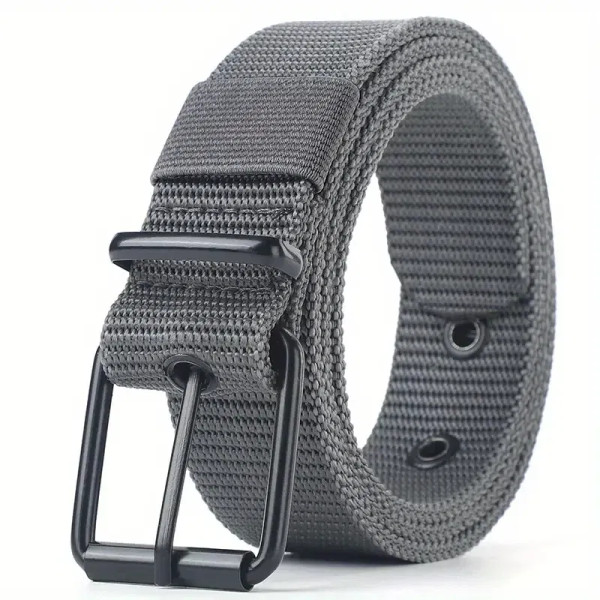 Color: GRAY, Belt Length: 120cm - Men's Belt Porous Canvas Pin Buckle Leather Belt Outdoor Sports B F640-12000040177011453