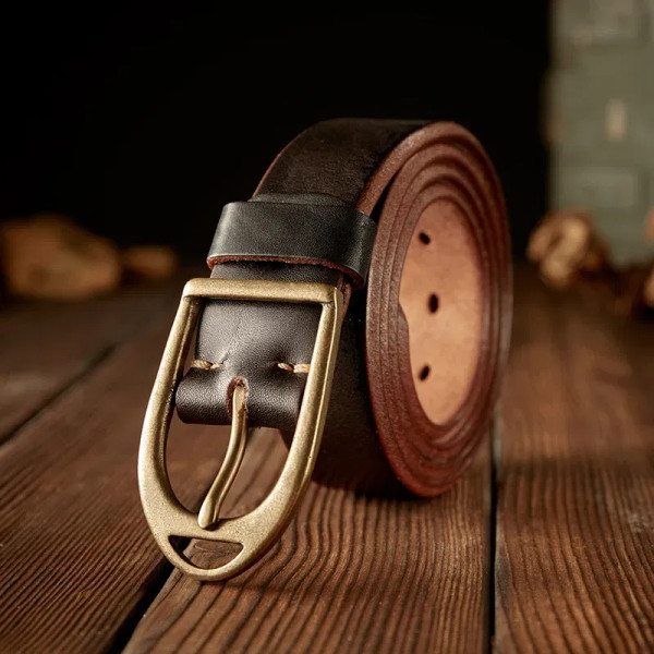 Color: WHITE, Belt Length: 110cm - Handmade Retro First Layer Cowhide Leather With Copper Pin Buckl F640-12000039899032142