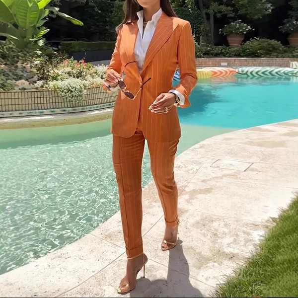 Women's Lapel Long Sleeve Striped Solid Color Two-piece Suit Q119-CJLS2329658