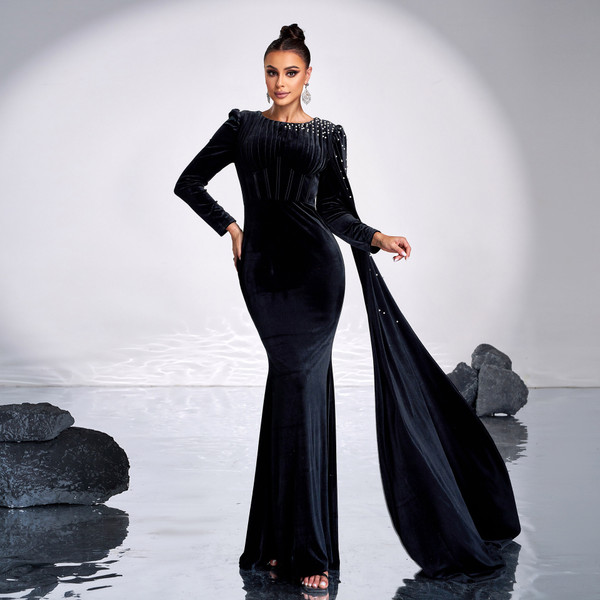Velvet Round Neck Long Sleeve Rhinestone Evening Dress Q119-CJLY2203386