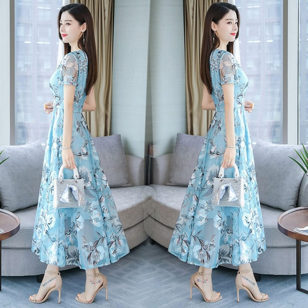 US Women Summer Short Sleeve Flower Pattern Casual Long Dress Light blue XL K484-PBY_0EPHAKKQ_US