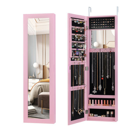 Jewelry Cabinet Wall or Door Mounted Jewelry Armoire Modern Hanging Jewelry Organizer-Pink - Color: D681-JV13272PI