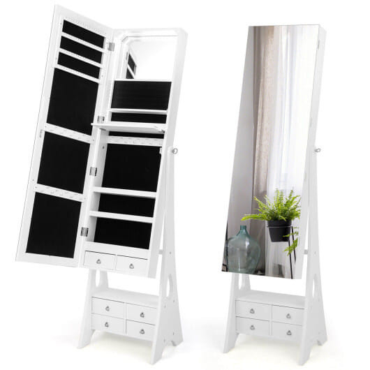 Freestanding Full Length LED Mirrored Jewelry Armoire with 6 Drawers-White - Color: White D681-JV10585WH