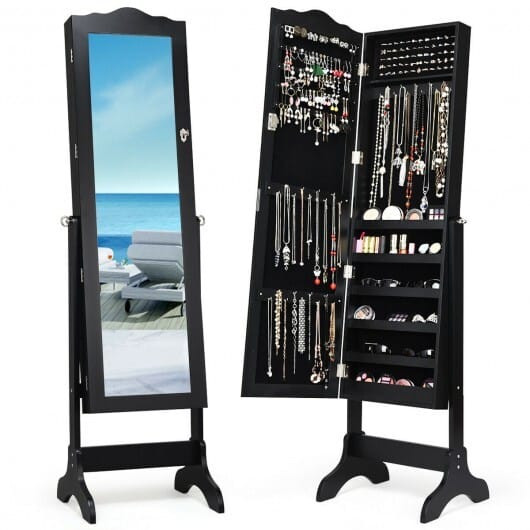 Mirrored Lockable Jewelry Cabinet Armoire Organizer Storage Box-Black - Color: Black D681-JV10088BK