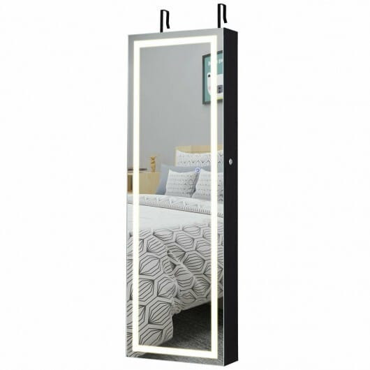 Mirrored Jewelry Armoire with Full Length Mirror and 2 Internal LED Lights-Black - Color: Black D681-HW65936BK