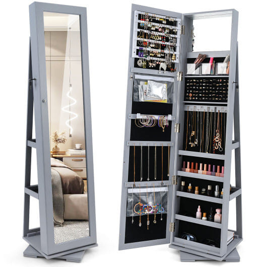 360?° Rotatable 2-in-1 Lockable Jewelry Cabinet with Full-Length Mirror-Gray - Color: Gray D681-HW64483GR