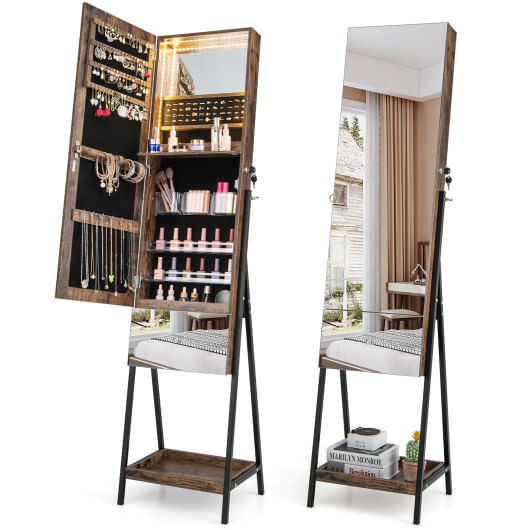 Lockable Freestanding Jewelry Organizer with Full-Length Frameless Mirror-Rustic Brown - Color: Rus D681-JV11277CF