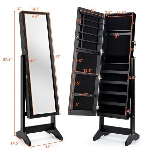 Jewelry Cabinet Stand Mirror Armoire with Large Storage Box-Black - Color: Black D681-HW65948BK