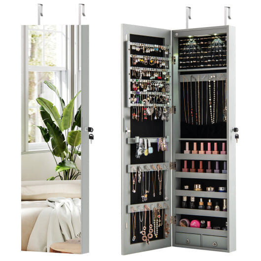 Wall and Door Mounted Mirrored Jewelry Cabinet with Lights-Gray - Color: Gray D681-JV11889GR