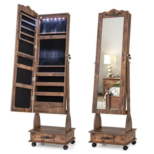 Rolling Floor Standing Mirrored Jewelry Armoire with Lock and Drawers-Rustic Brown - Color: Rustic  D681-JV10584CF