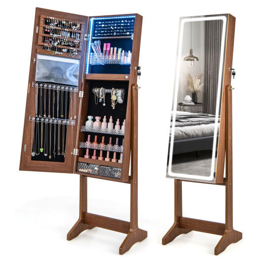 Lockable Jewelry Armoire Standing Cabinet with Lighted Full-Length Mirror-Walnut - Color: Walnut D681-JV11196US-BN