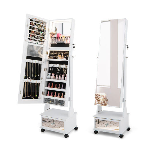 47 Inch Lockable Jewelry Cabinet Armoire with 3-Color LED Lights-White - Color: White D681-JV11233WH