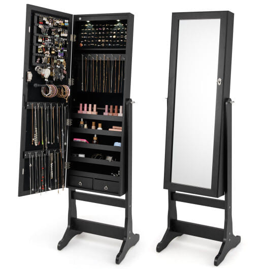 Lockable Freestanding Jewelry Cabinet Armoire with Full-Length Mirror and Lights-Black - Color: Bla D681-JV12088DK