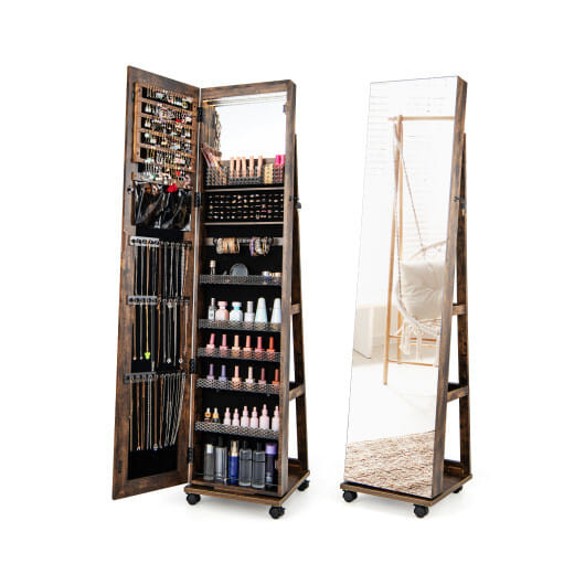 64 Inches Lockable Jewelry Cabinet Armoire with Built-in Makeup Mirror-Coffee - Color: Coffee D681-JV11245CF