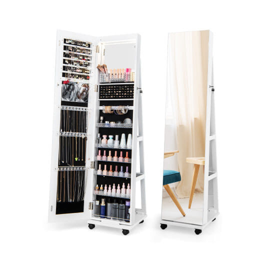64 Inches Lockable Jewelry Cabinet Armoire with Built-in Makeup Mirror-White - Color: White D681-JV11245WH