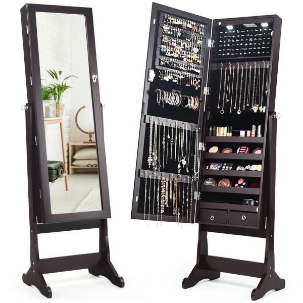 Lockable Mirrored Jewelry Cabinet with Stand and Led Lights-Brown - Color: Brown D681-HW65935BN