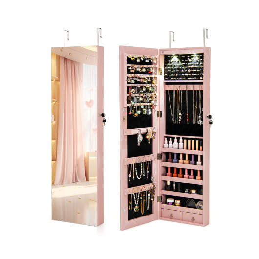 Wall and Door Mounted Mirrored Jewelry Cabinet with Lights-Pink - Color: Pink D681-JV11889PI