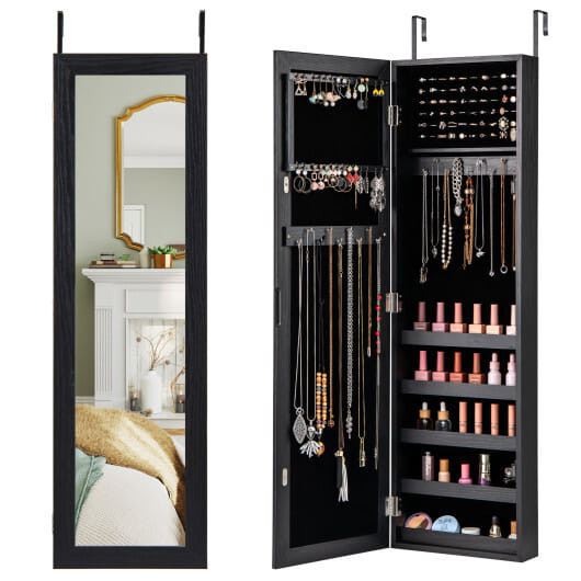 Jewelry Cabinet Wall or Door Mounted Jewelry Armoire with Full-Length Mirror-Black - Color: Black D681-JV13327BK