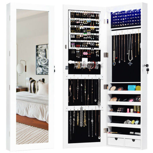 Door Mounted Lockable Mirrored Jewelry Cabinet with LED Lights - Color: White D681-JV10772